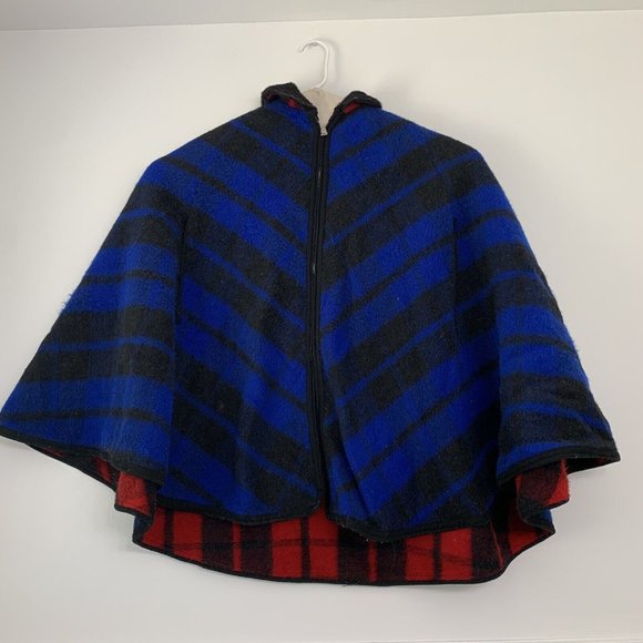 Vintage 60s MARDEL Reversible Wool Handmade Mid Century Poncho Cape Red Blue - Picture 8 of 8